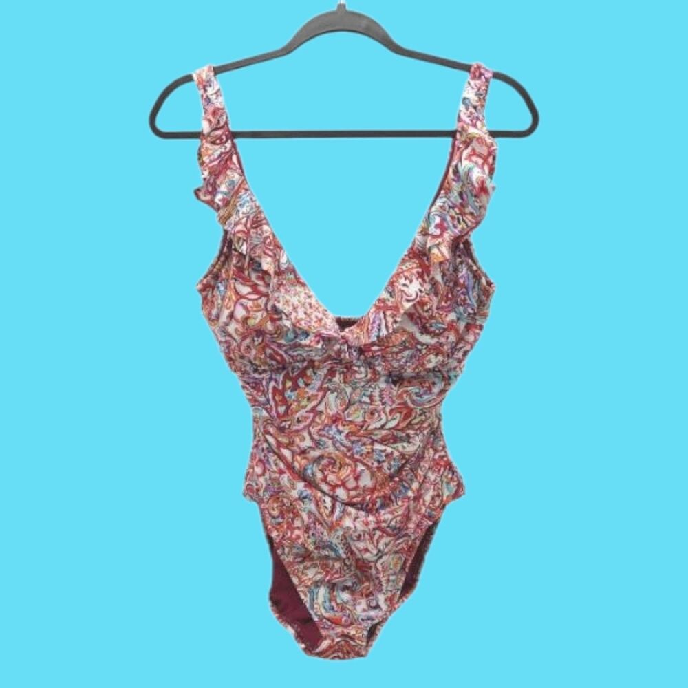 NEW Slimming Lauren Ralph Lauren One Piece Sz 14 Women's Swimsuit Paisley Ruffle